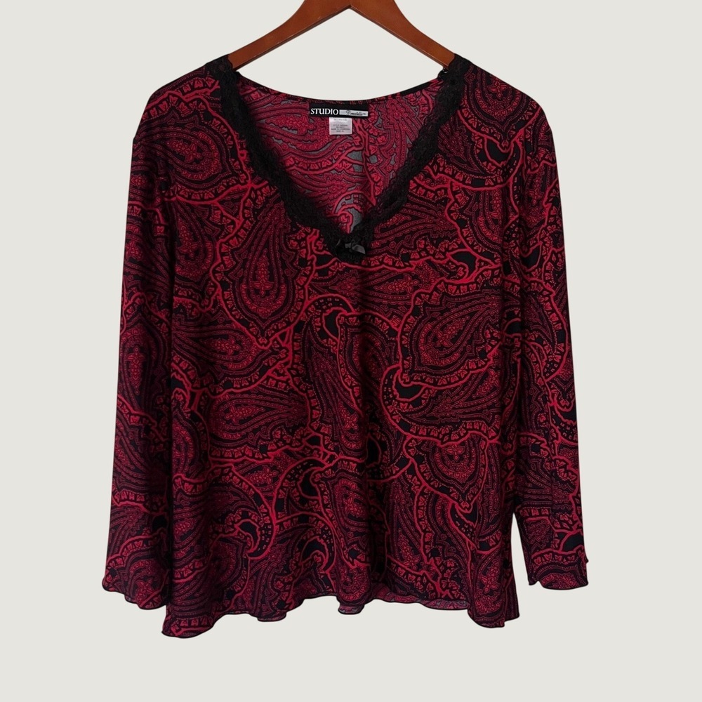 Studio Donatella Red Black Paisley Lace V-Neck Swing Top Y2K Baby Doll XL